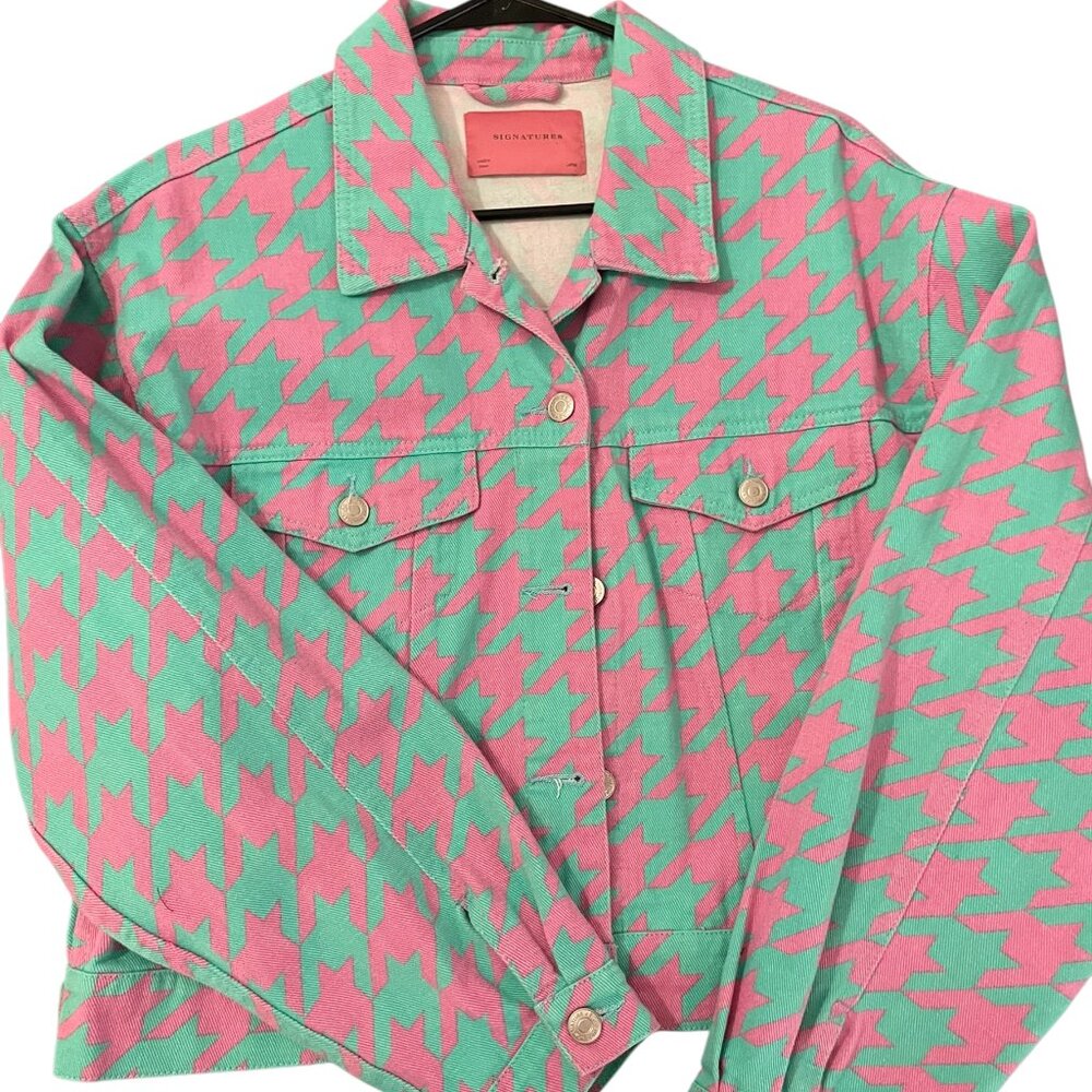 Signatures Retro Pink & Teal Houndstooth Denim Trucker Jacket Large